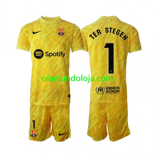 Camisola FC Barcelona Ter Stegen 1 Guarda-redes Criança Equipamento Segundo 2024-2025 Manga Curta